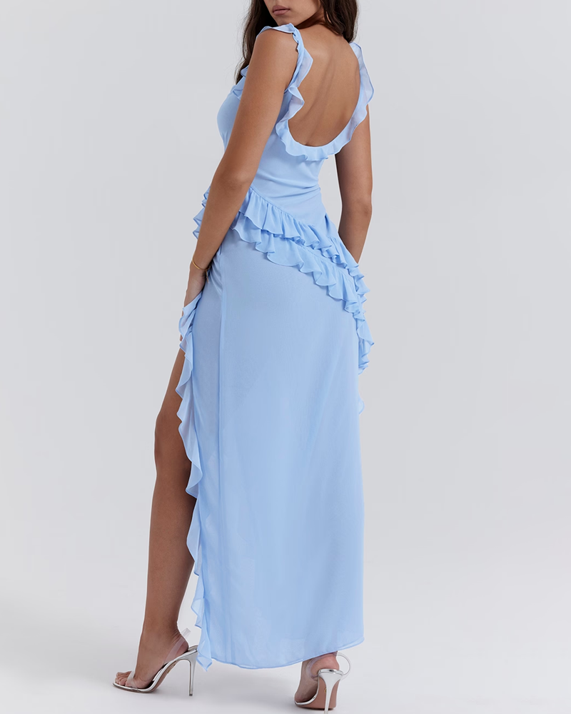 Ruffle Trim Slit Maxi Dress
