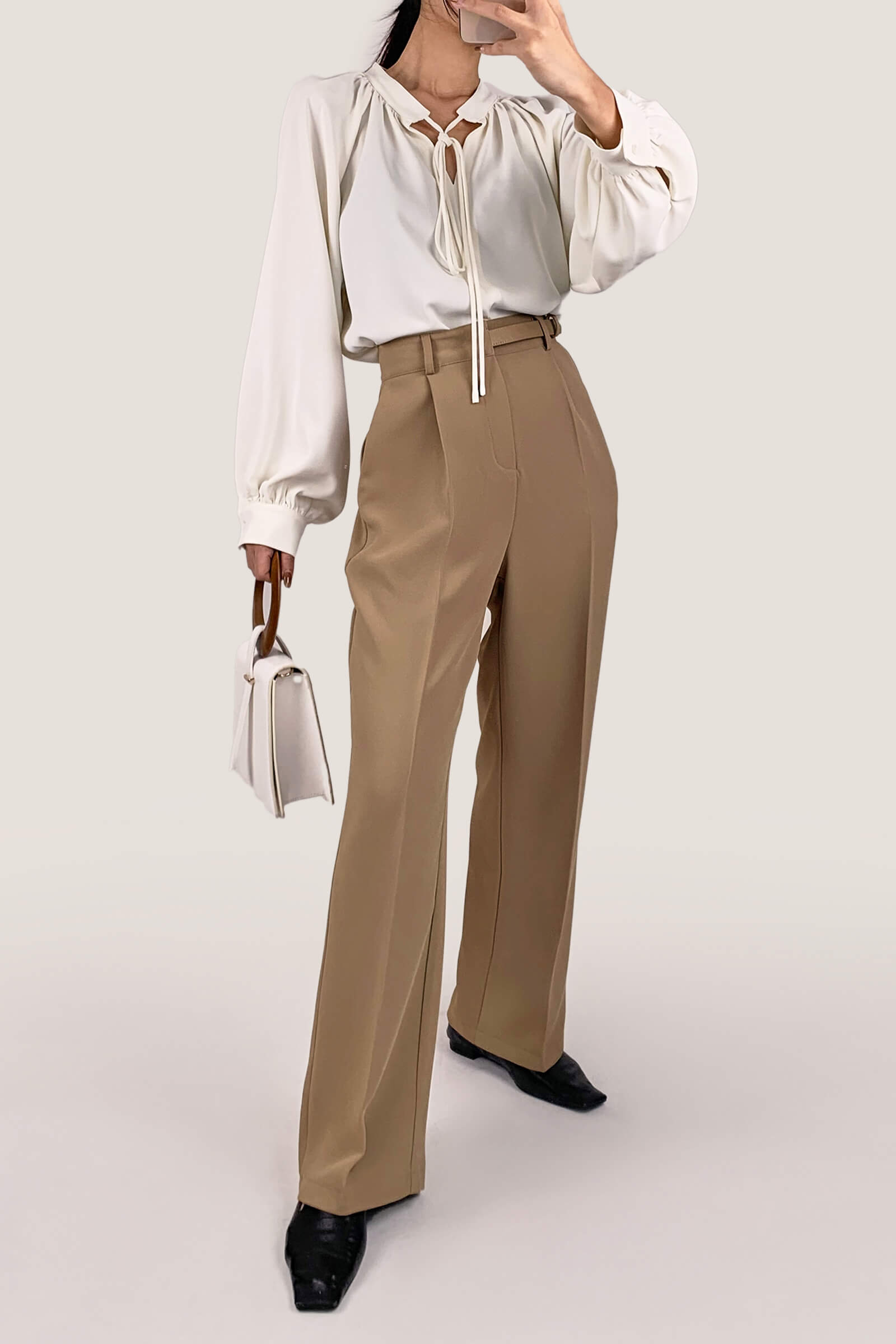 Ivory Tie Neck Balloon Sleeve Gathered Detail Blouse