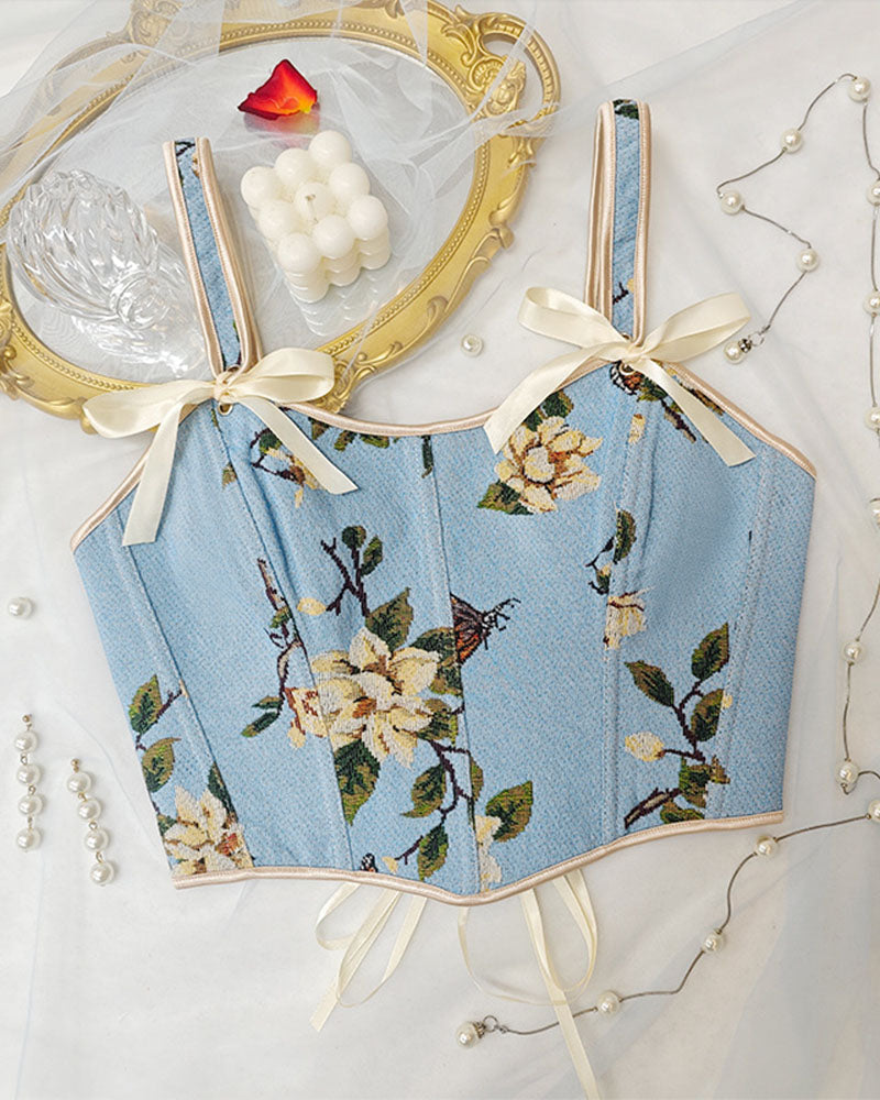 French Style Bow Lace-Up Floral Body Shaper Women's Sling Printed Slim-Fit Vest Corset