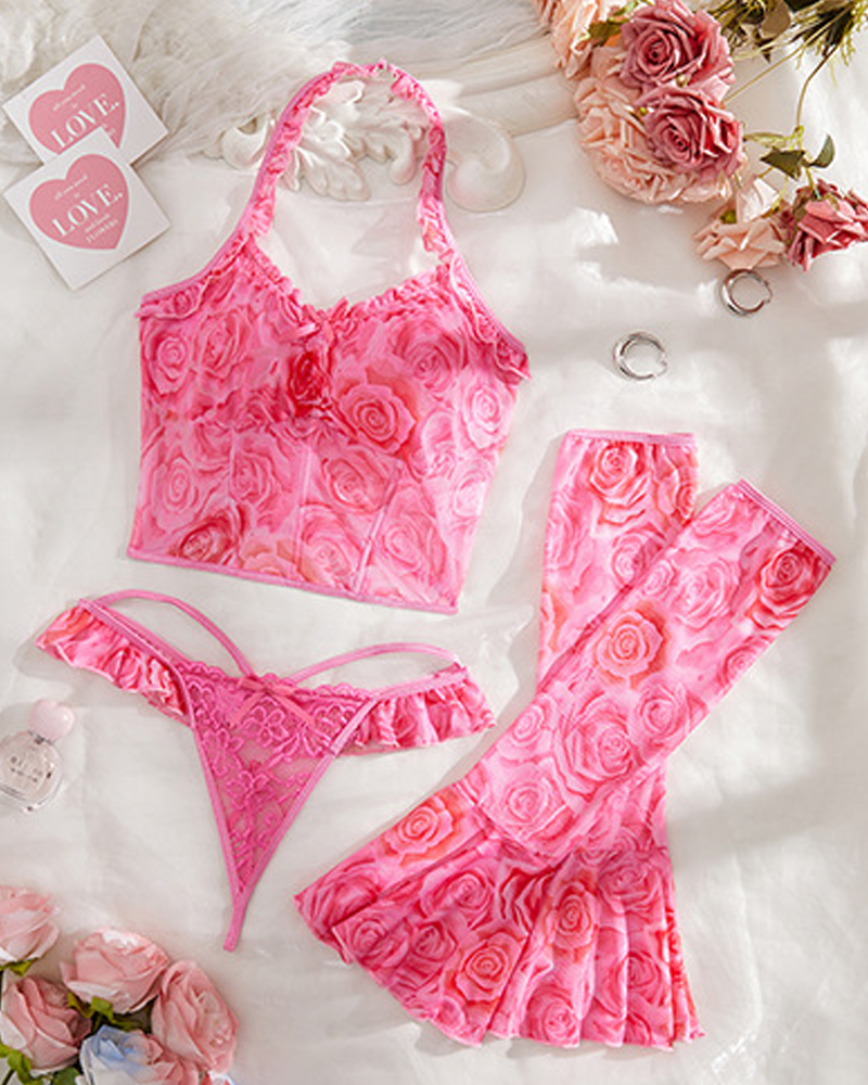Rose Print Lingerie Set with Ruffle Sleeves