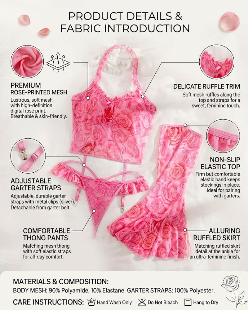 Rose Print Lingerie Set with Ruffle Sleeves