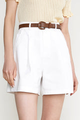White Belted High Rise Cotton-Blend Shorts