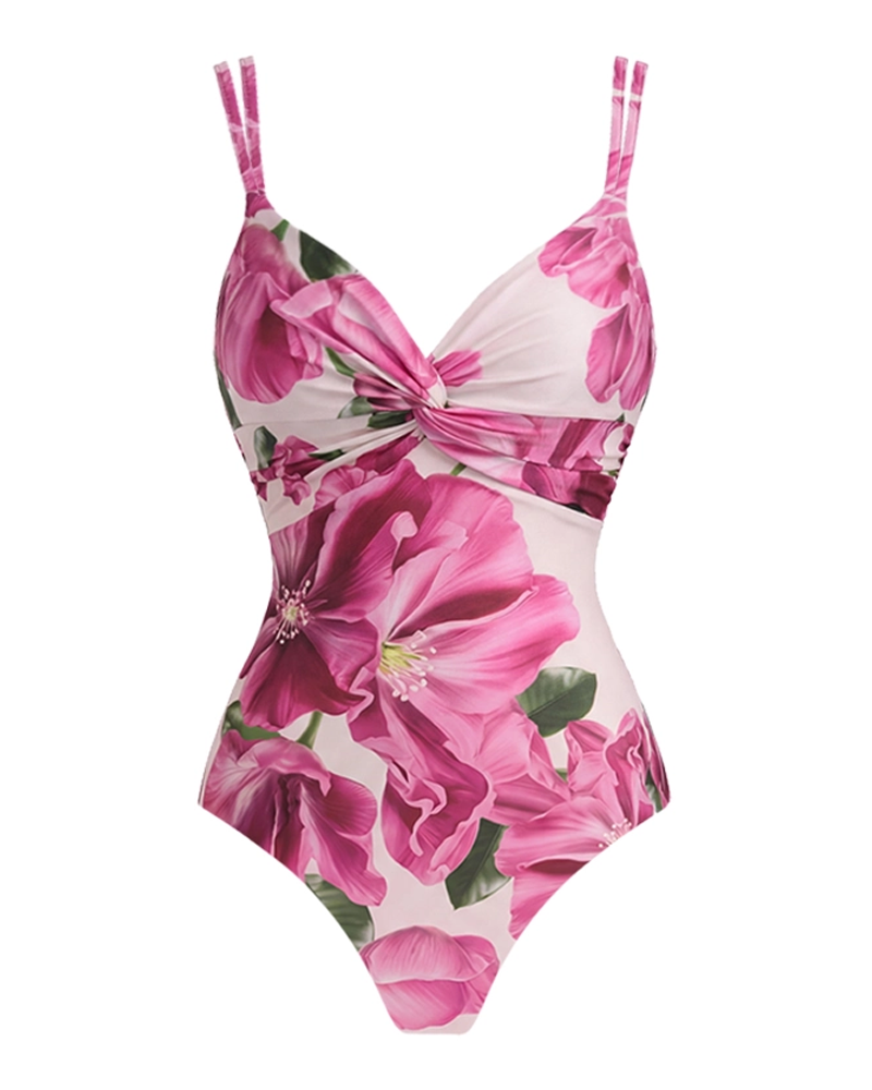 Elegant Pink Floral Printed Swimsuit Set