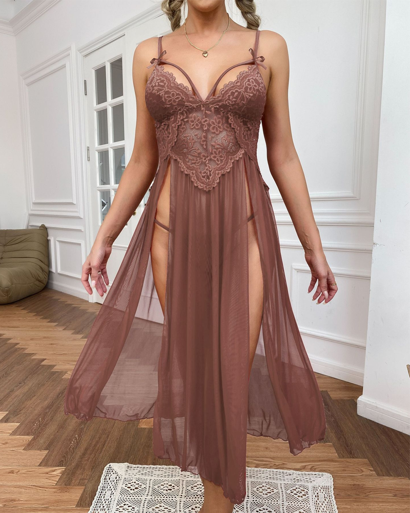Sheer Mesh Deep V-Neck Lace Side Slit Slip Dress