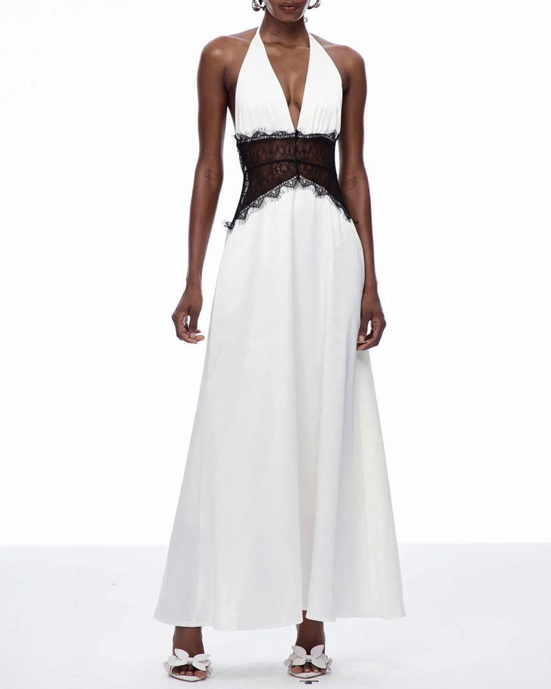 Elegant V-Neck Halter Lace and Satin Patchwork Maxi Dress