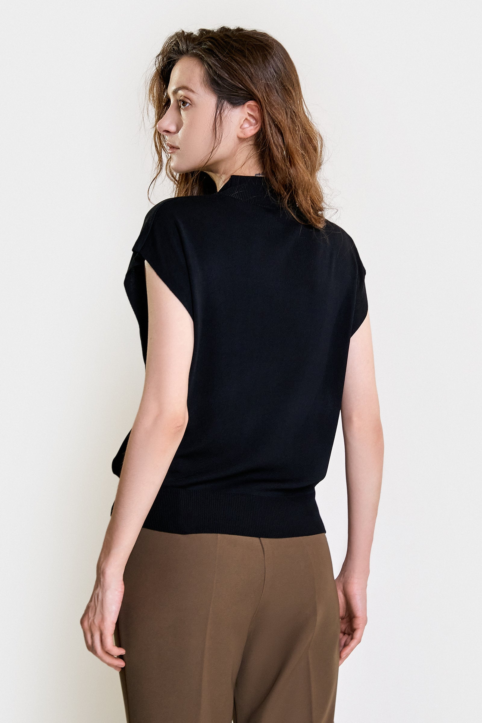 Black Rib-Knit Mock Neck Cap Sleeve Top