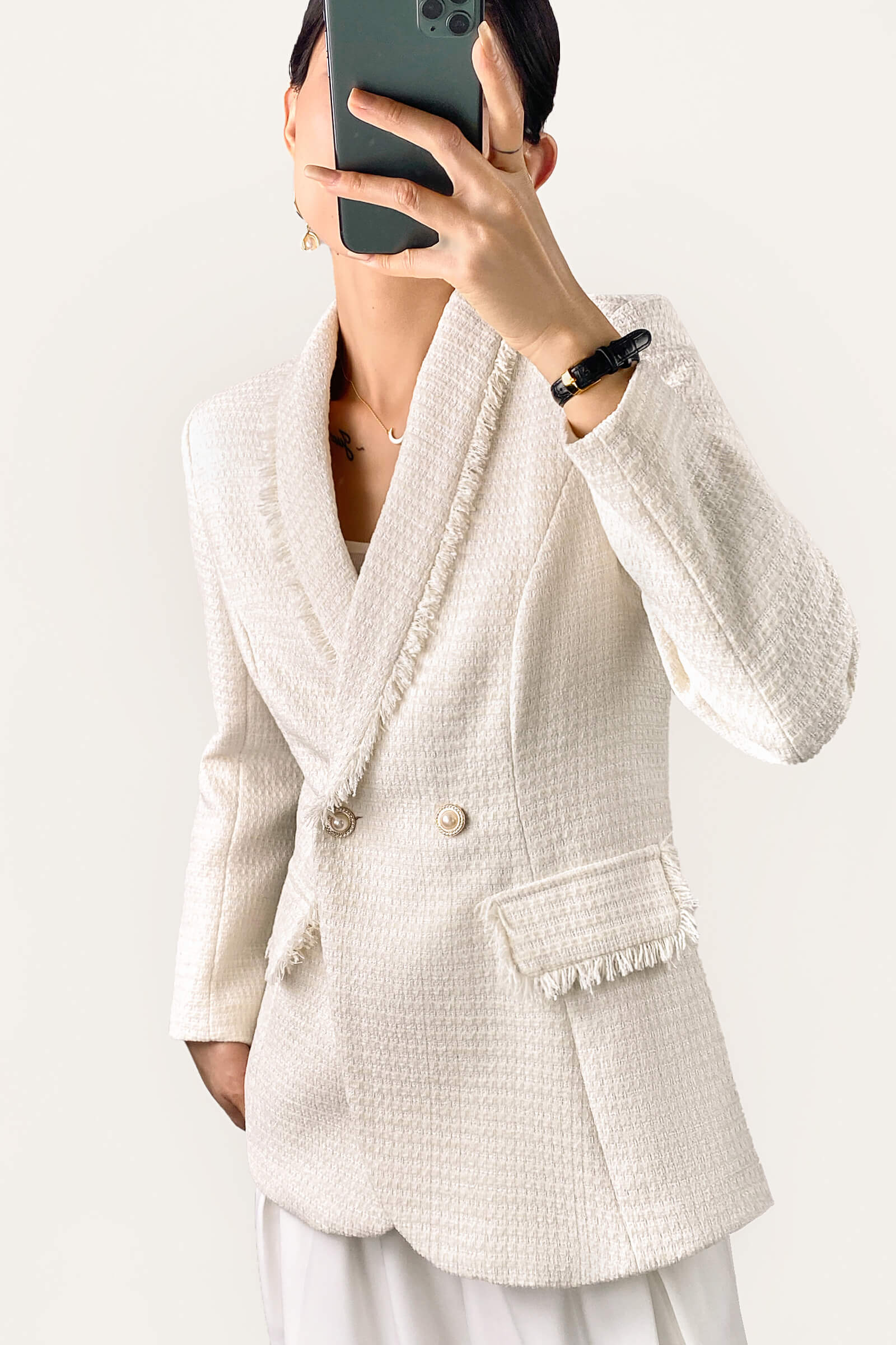 White Shawl Collar Double-Breasted Tweed Blazer