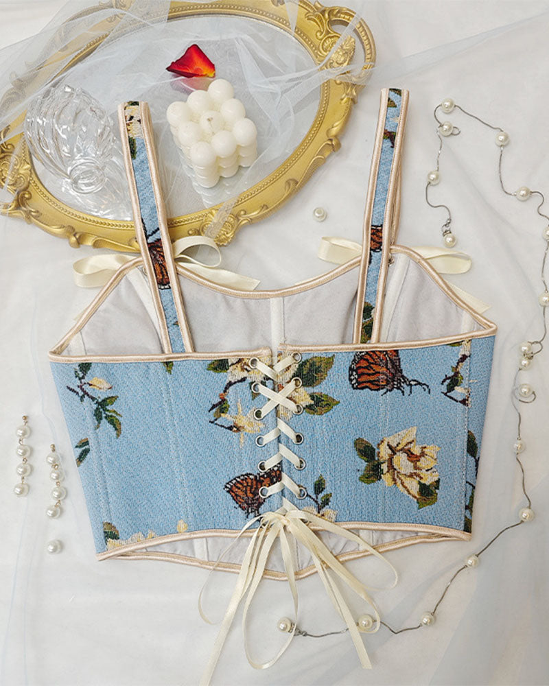 French Style Bow Lace-Up Floral Body Shaper Women's Sling Printed Slim-Fit Vest Corset