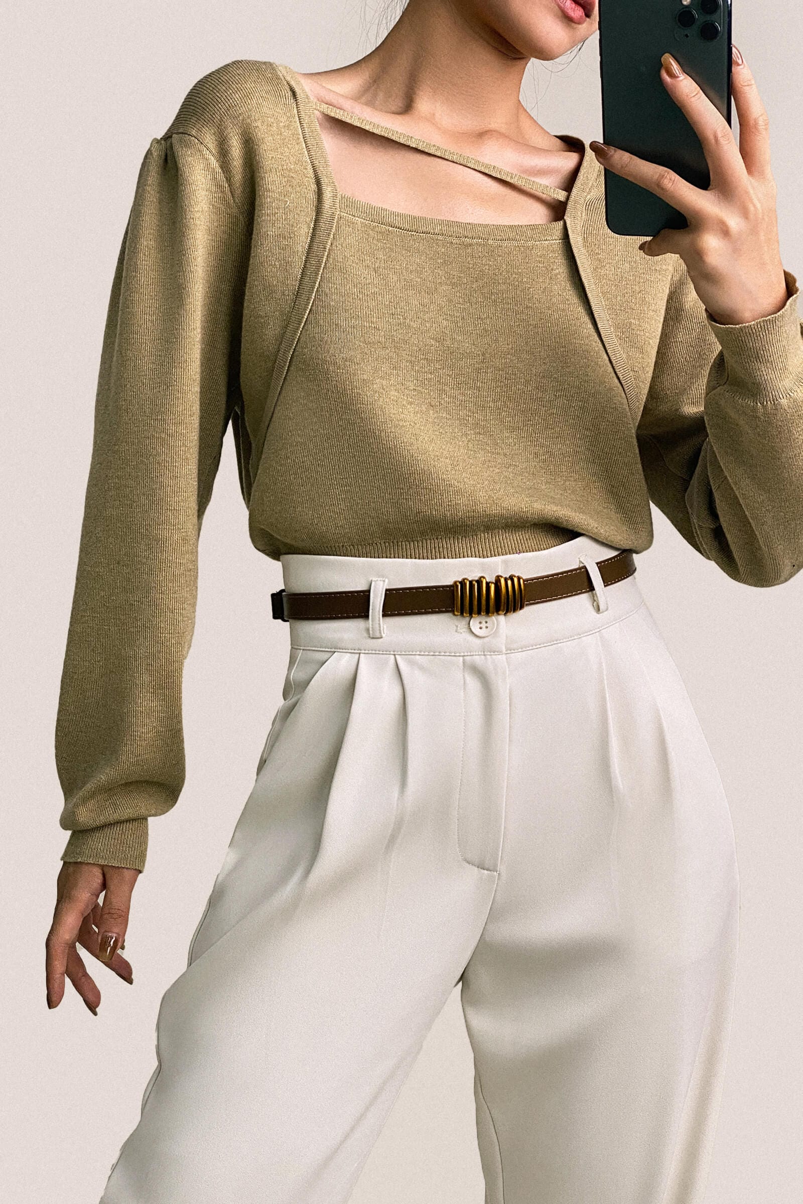 Dark Khaki Wool-Blend Strap Detail Asymmetric Neck Sweater