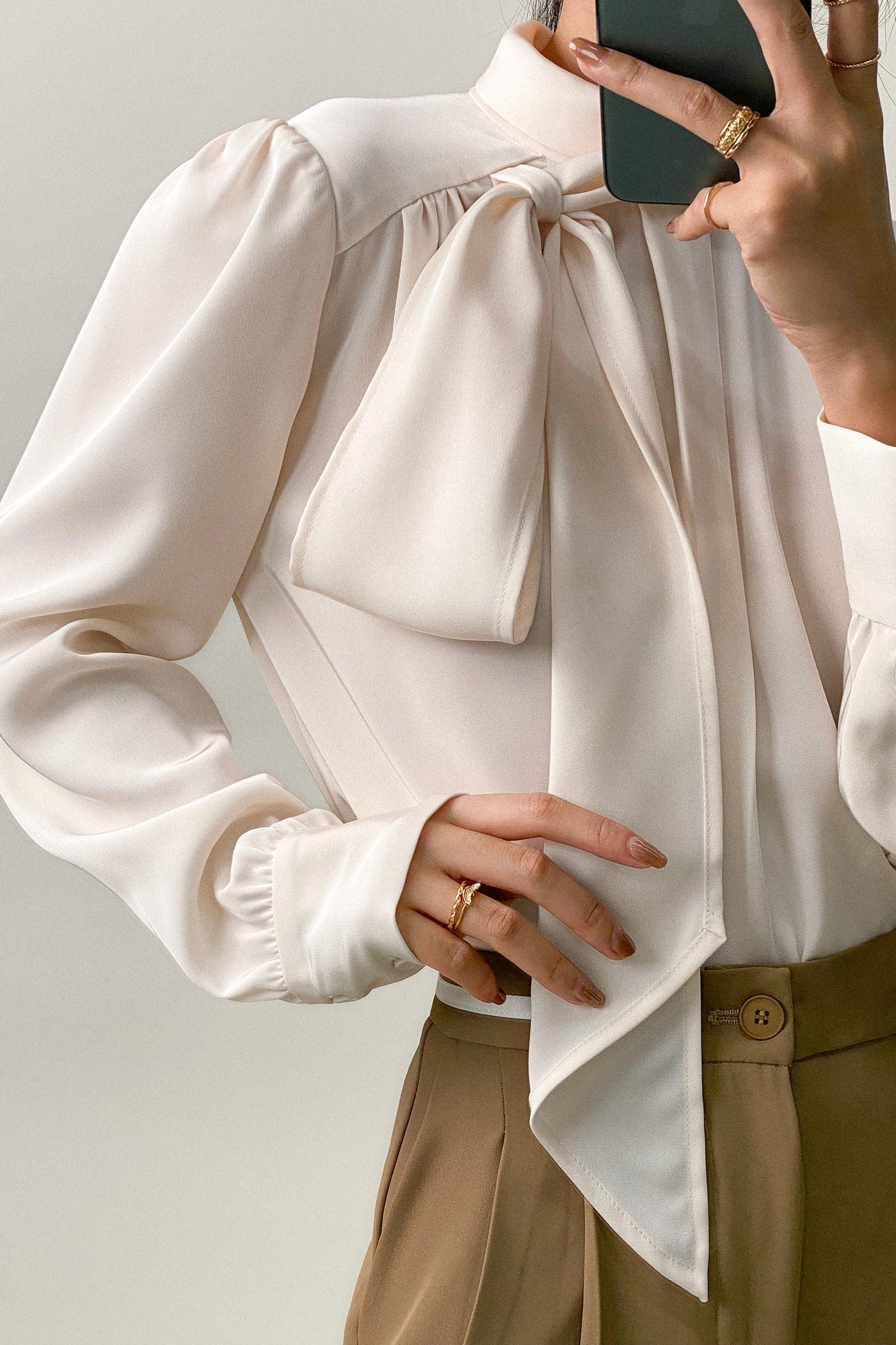 Floral White Satin High Neck Long Sleeve Blouse With Neck Tie