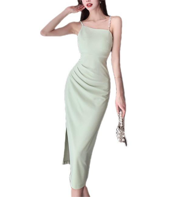 Green Off-the-Shoulder Spaghetti Strap Midi Dress