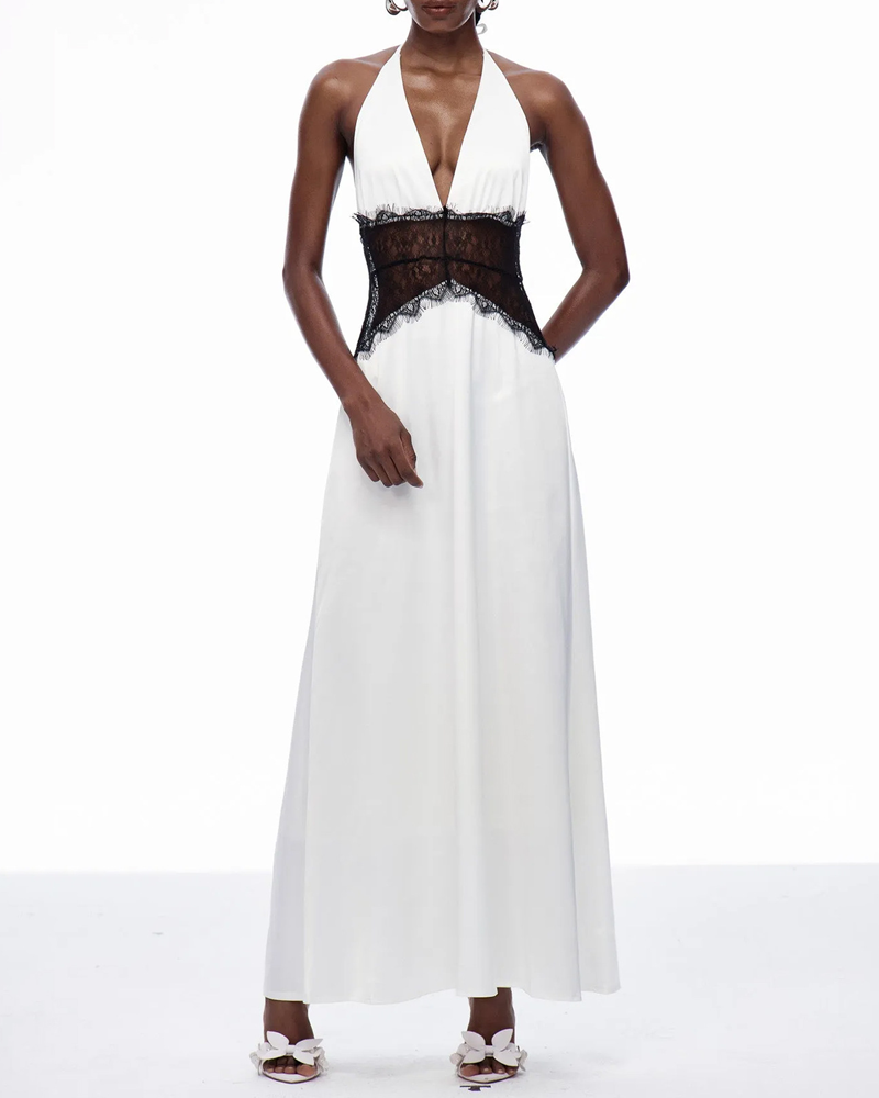 Elegant V-Neck Halter Lace and Satin Patchwork Maxi Dress