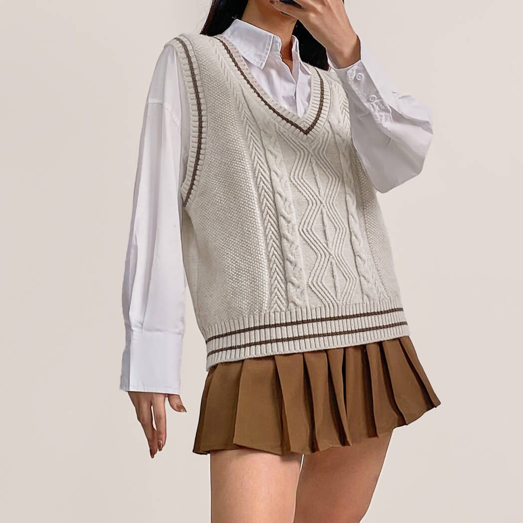 Ivory Cable Knit Striped Trim Sweater Vest