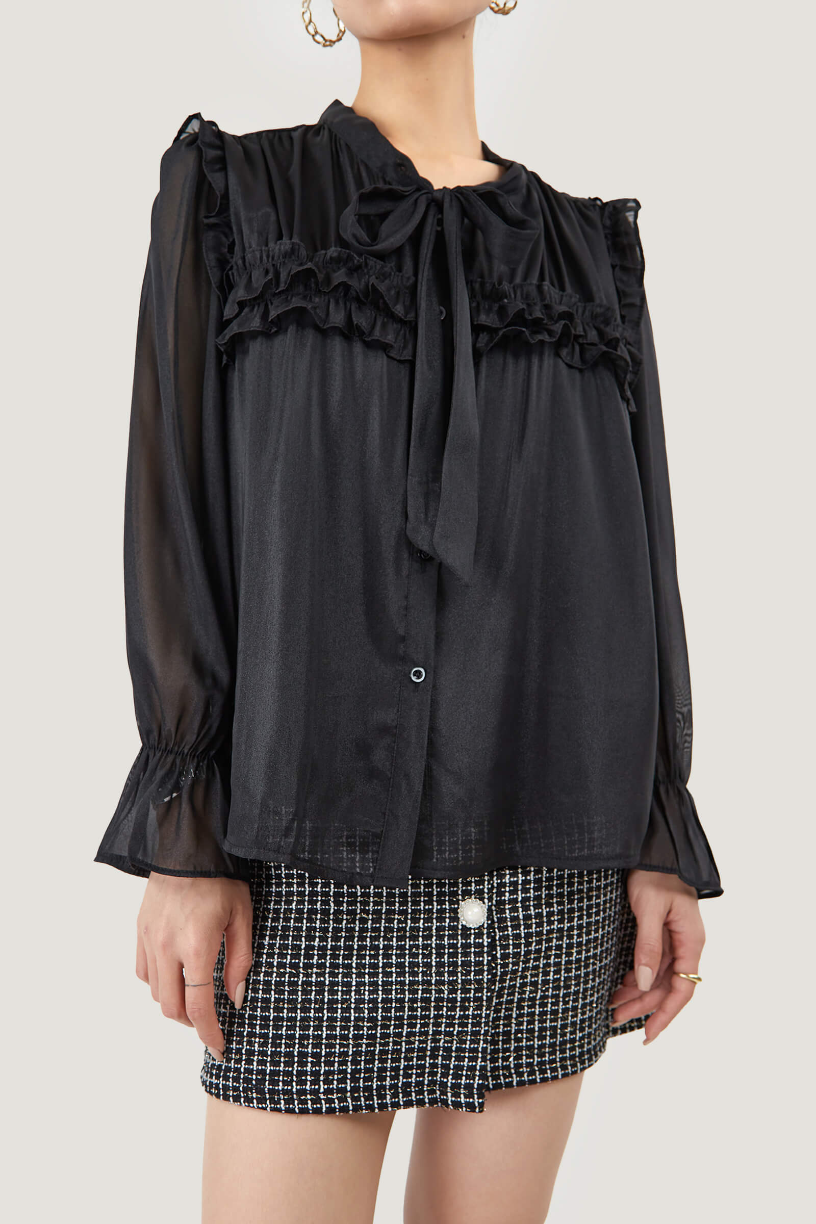 Tie-Neck Ruffle Pleated  Blouse