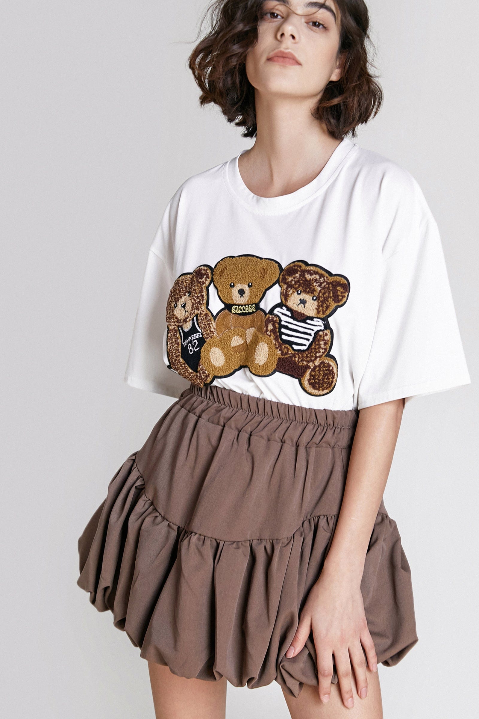 White Teddy Bear Embroidered T-Shirt