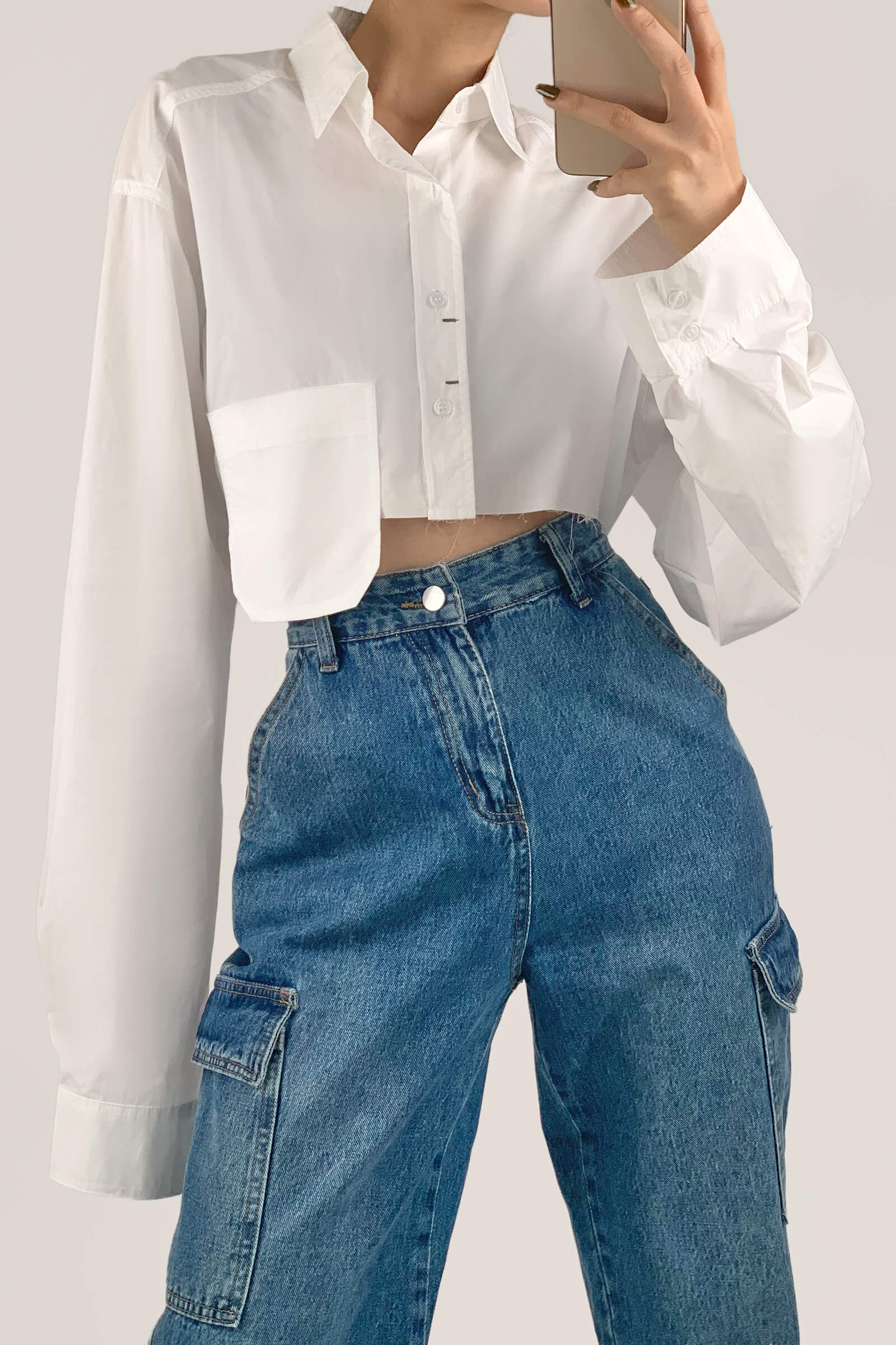 White Pocket Detail Cropped Shirt