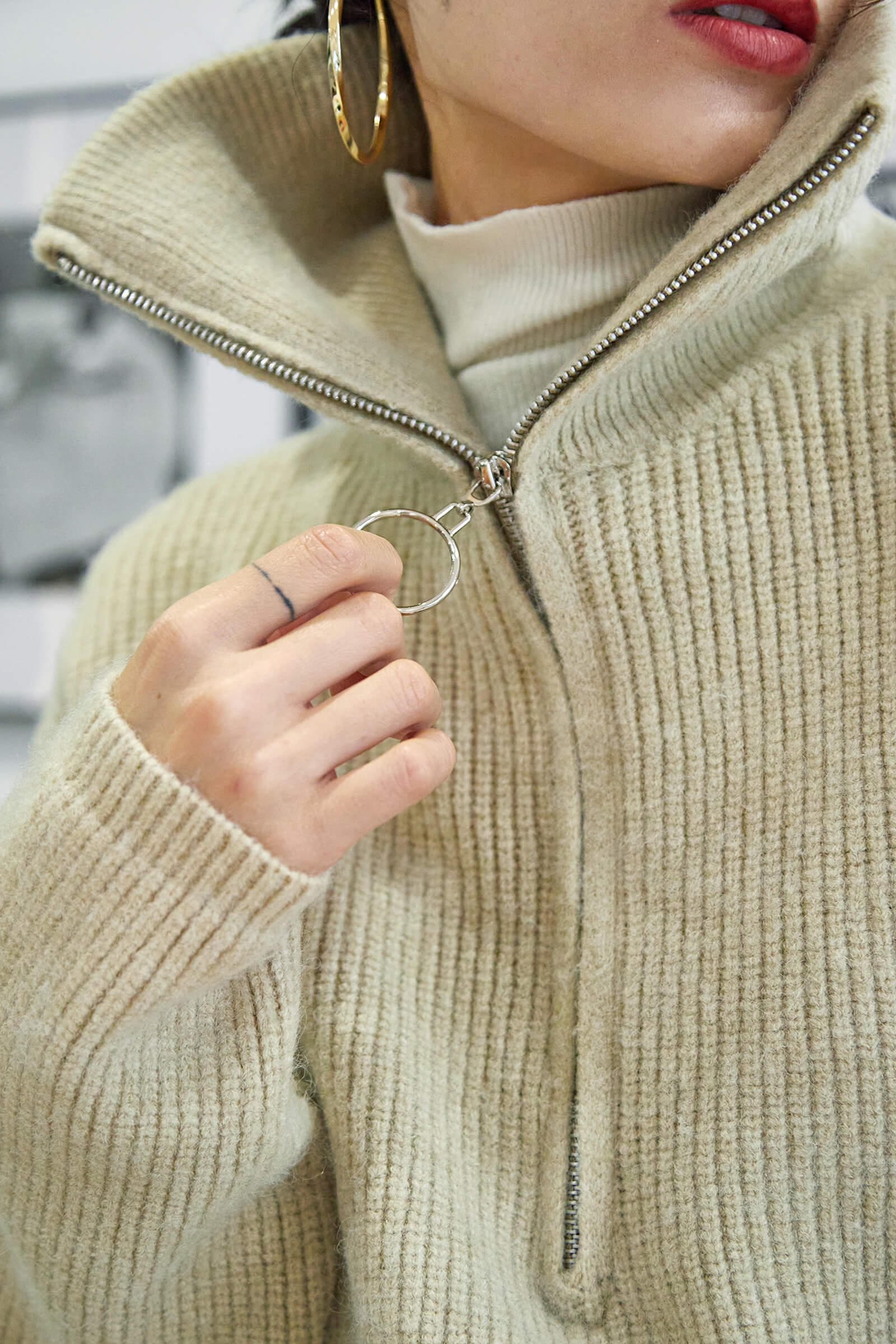Khaki Collared Half-Zip Oversized Sweater