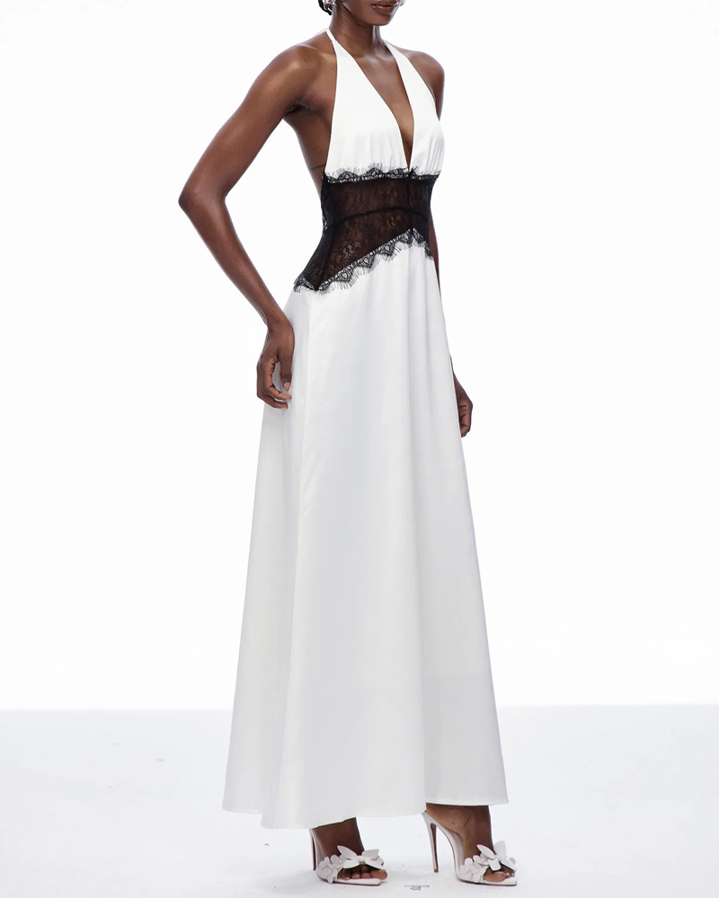 Elegant V-Neck Halter Lace and Satin Patchwork Maxi Dress
