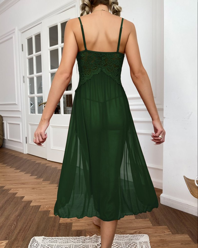 Sheer Mesh Deep V-Neck Lace Side Slit Slip Dress