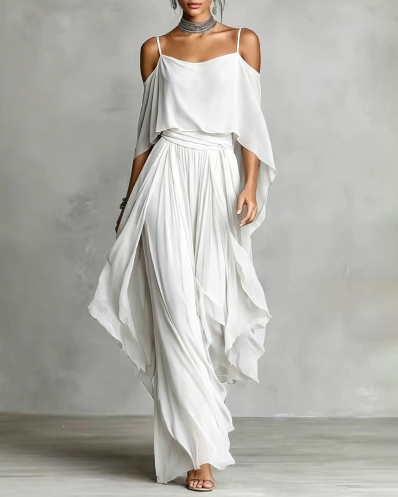 Chiffon Off-Shoulder Cami Wide-Leg Pants Set