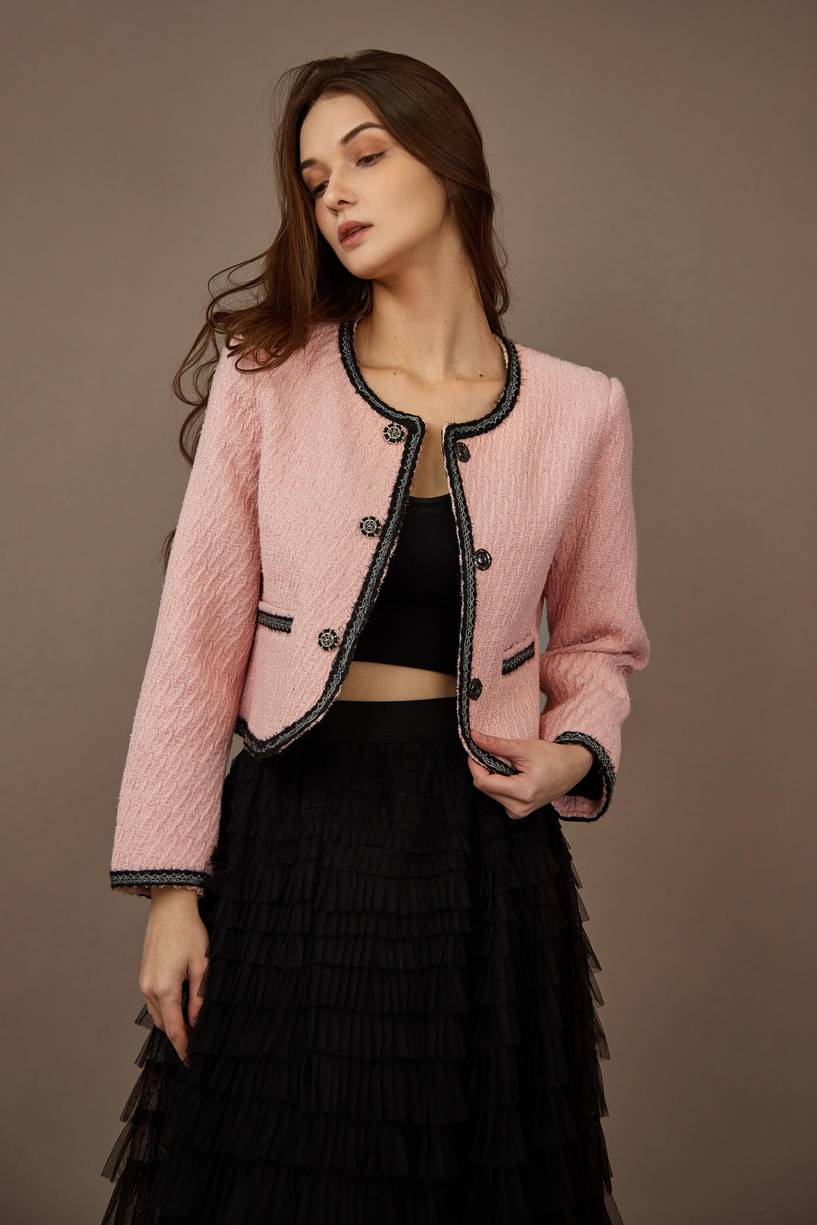 Pink Contrast Trim Tweed Jacket