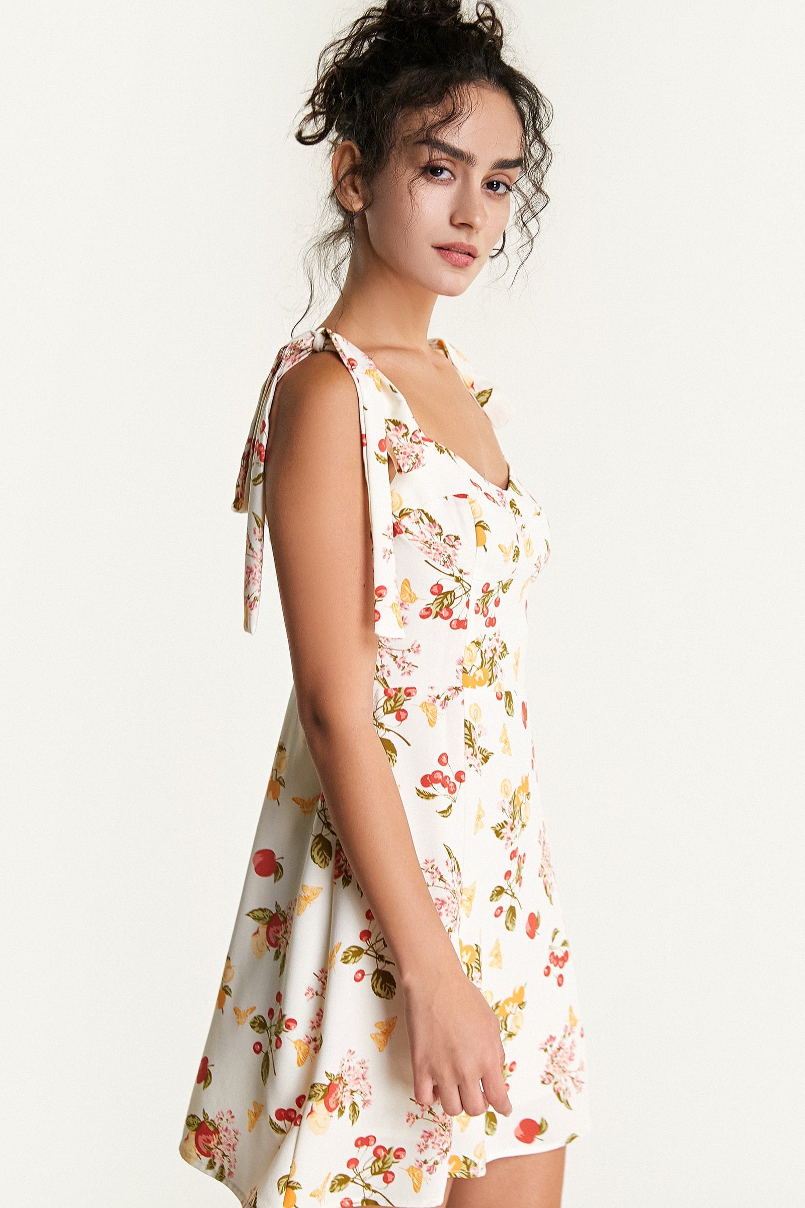 Ivory Fruit Print Tie Strap Mini Dress