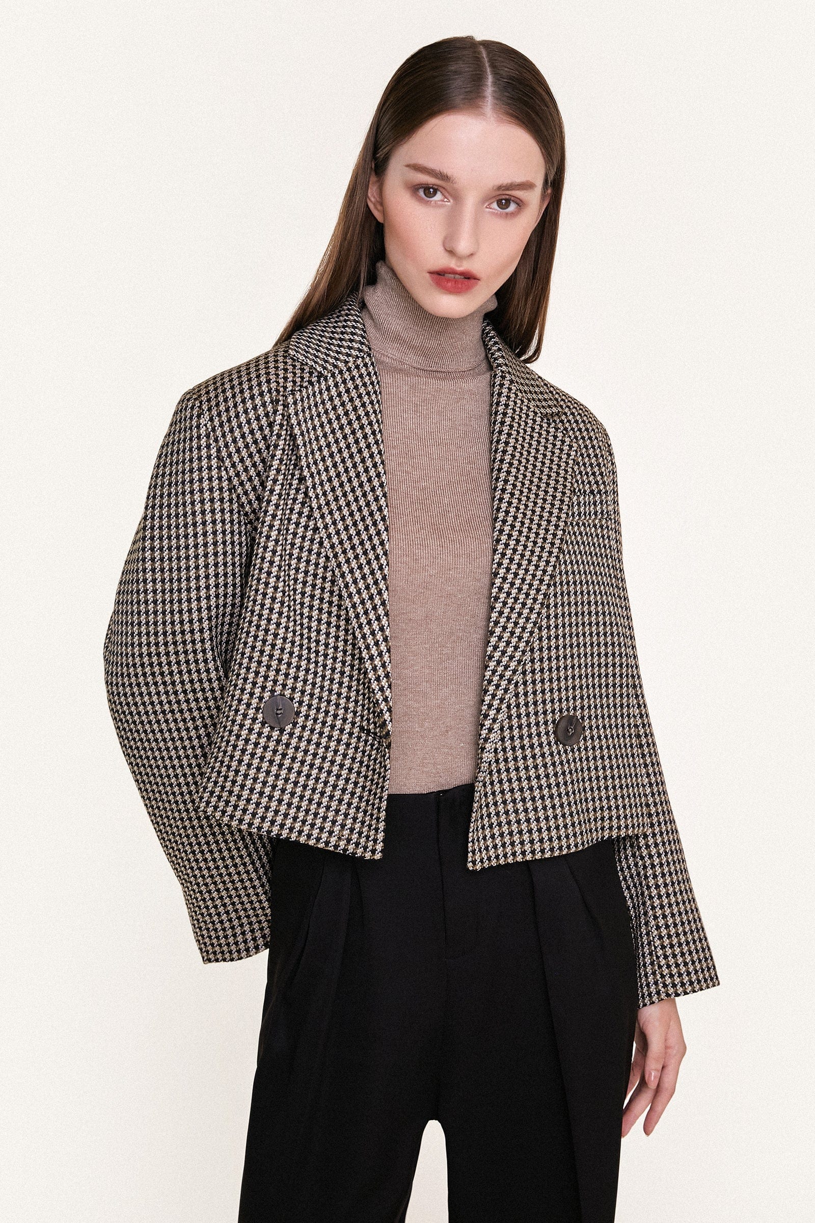 Sienna Double-Breasted Houndstooth Cropped Blazer