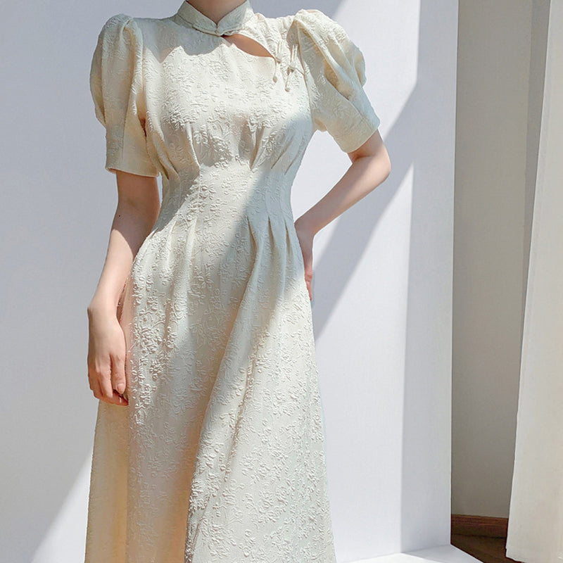 Openwork Waist A Apricot Midi Dress