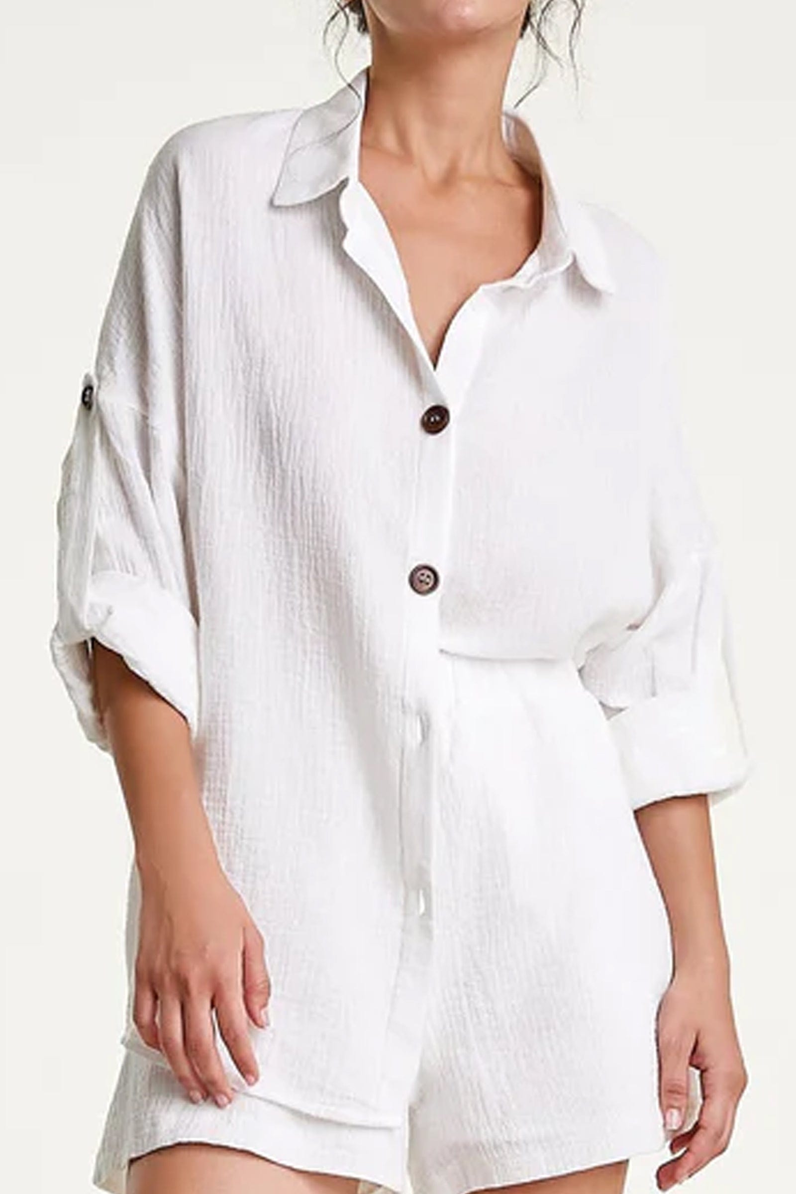 White Cotton Button-Up Shirt & Shorts Two-Piece Set