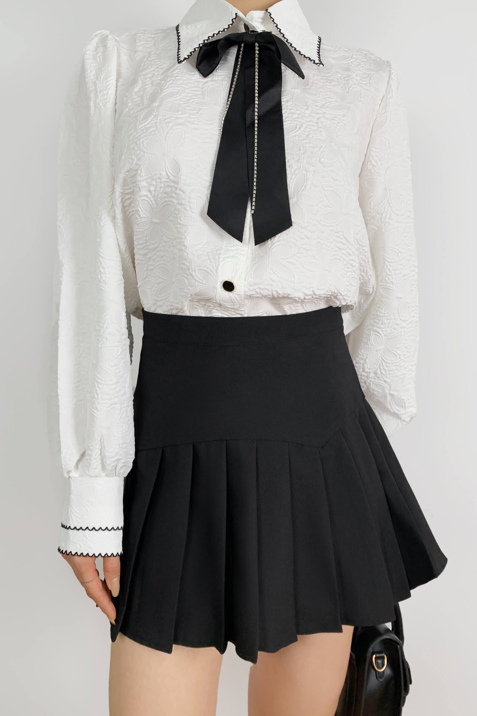 White Textured Bow Neck Balloon Sleeve Shirt