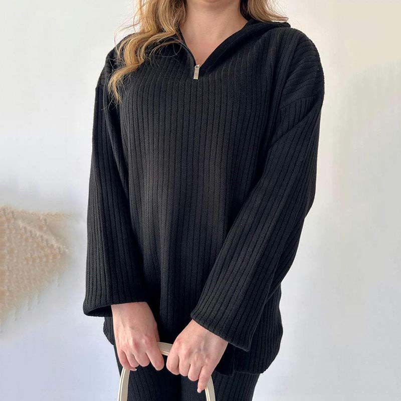 Cozy Ribbed Knit with Slit-Leg Pants(Two-Piece Set)