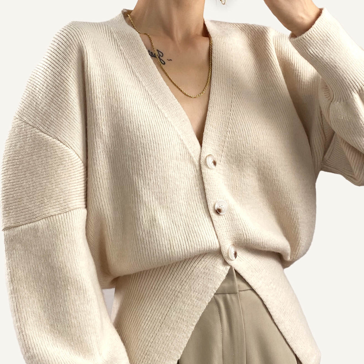 Ivory V-Neck Banded Hem Cardigan