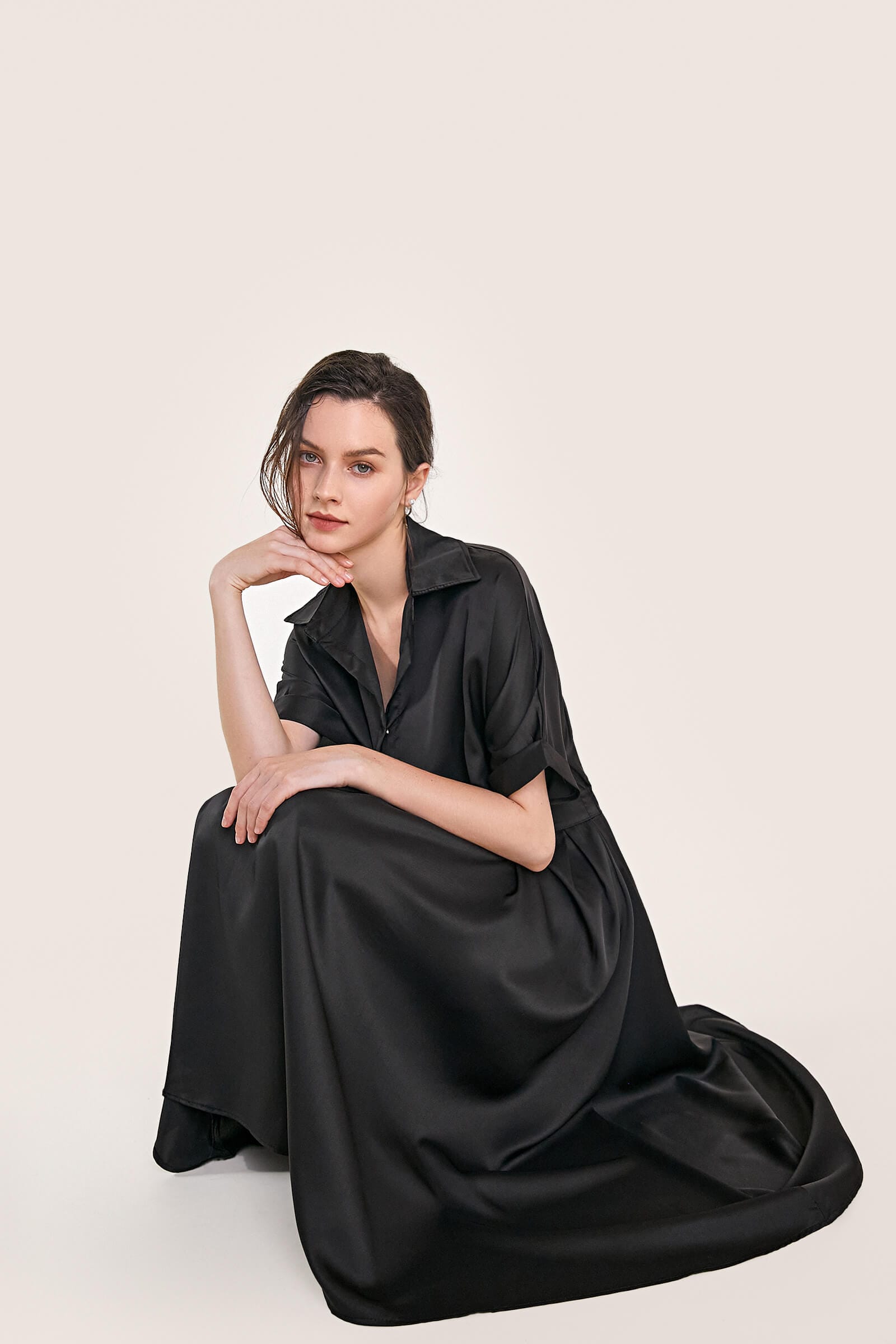 Black Short Sleeve Pleat Detail Shirt Dress