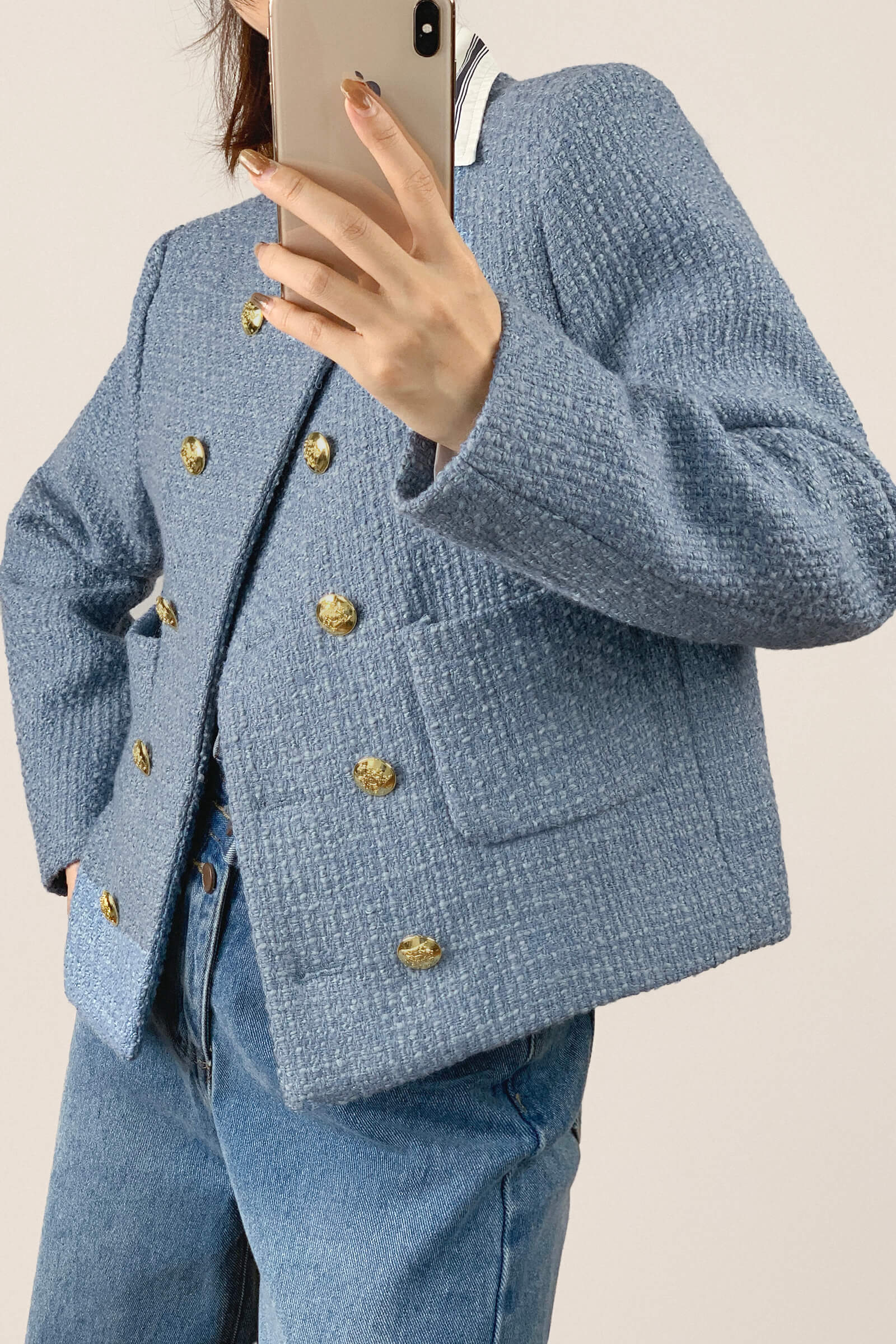Cornflower Blue Double-Breasted Tweed Jacket With Gold Buttons