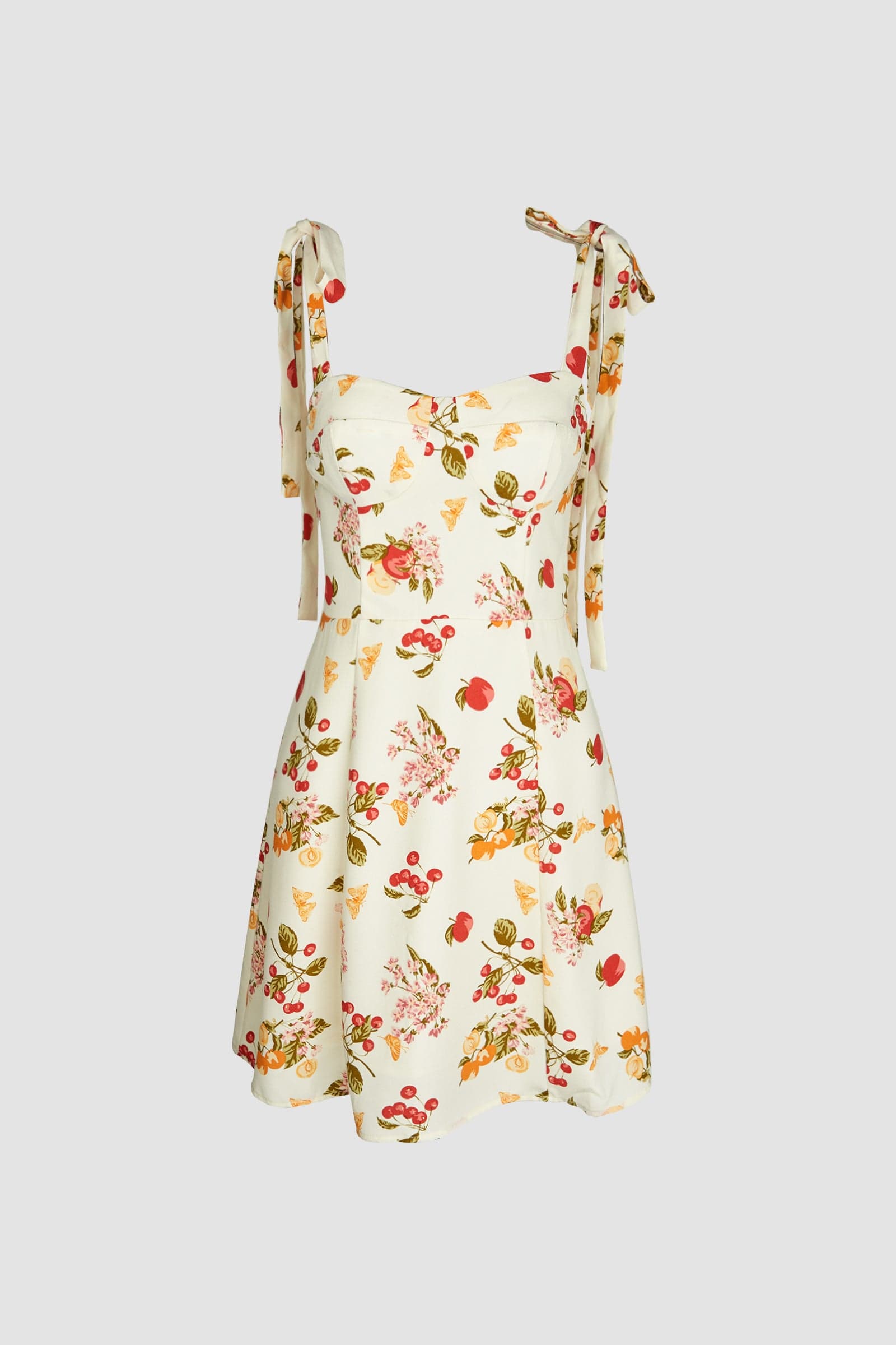 Ivory Fruit Print Tie Strap Mini Dress