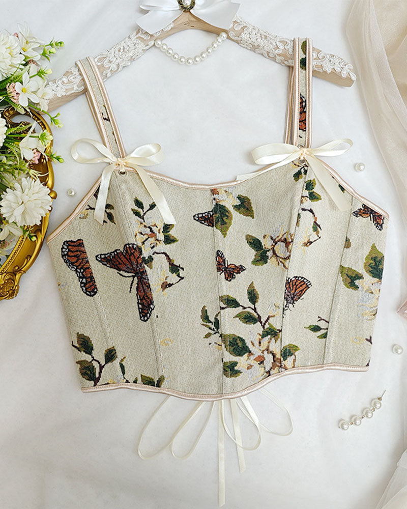 French Style Bow Lace-Up Floral Body Shaper Women's Sling Printed Slim-Fit Vest Corset