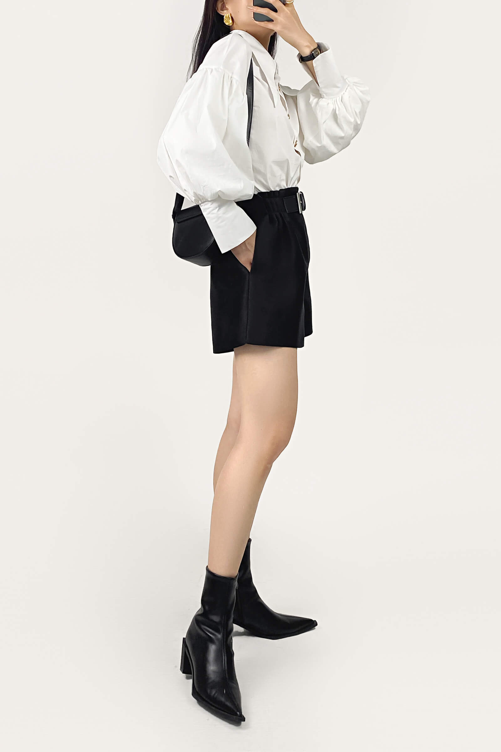 White Pointed Collar Button Detail Lantern Sleeve Shirt