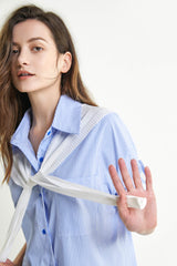 Light Sky Blue Striped Roll-Tab Sleeve Shirt With Square Scarf Shawl