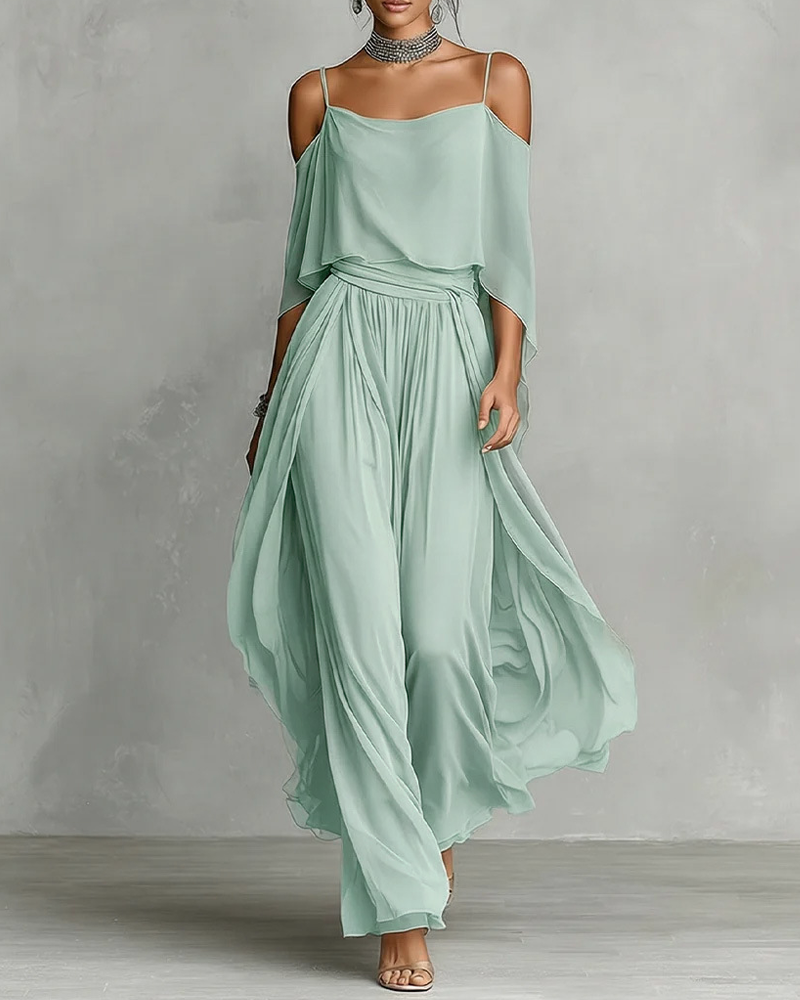 Chiffon Off-Shoulder Cami Wide-Leg Pants Set