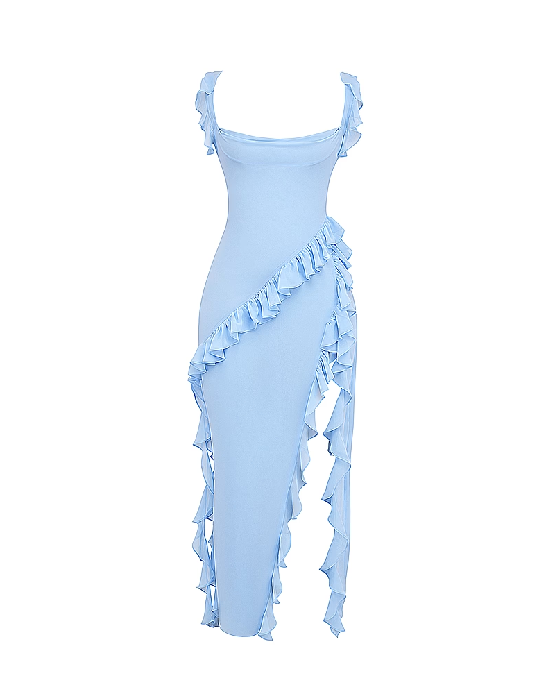 Ruffle Trim Slit Maxi Dress