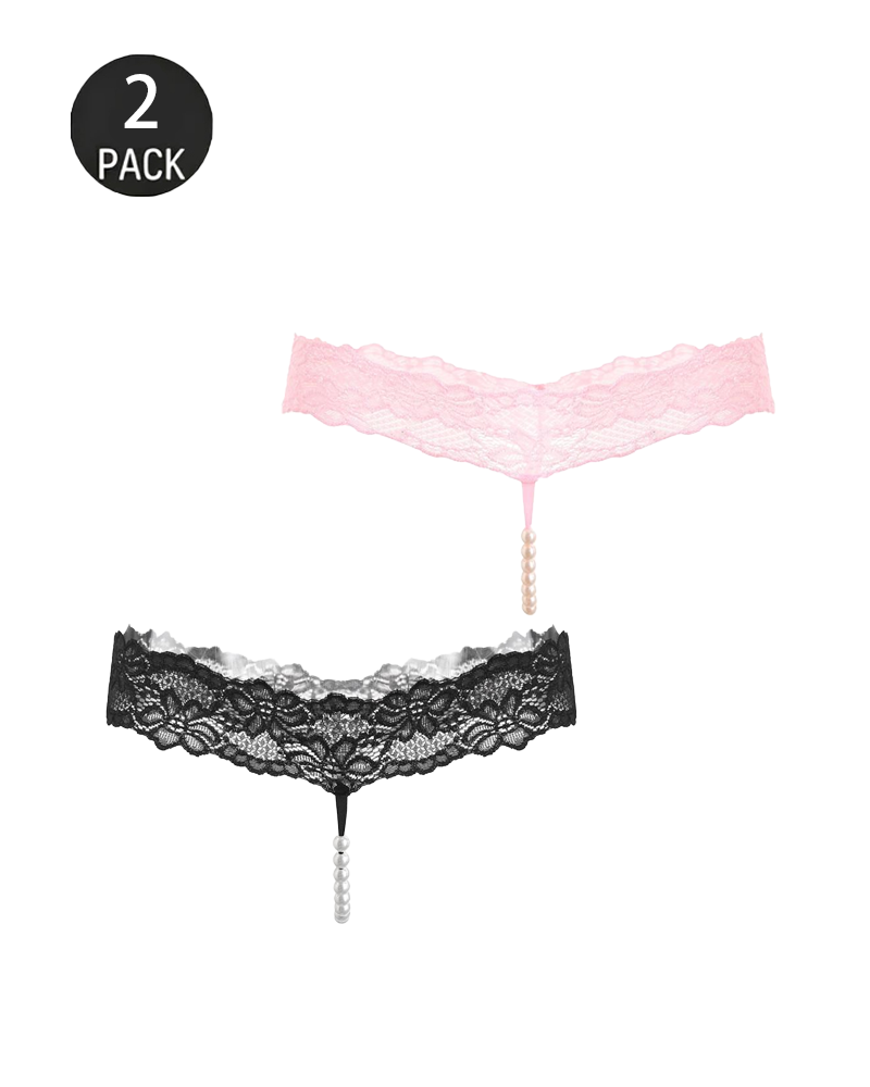 Pearl Decor See-Through Lace Thong