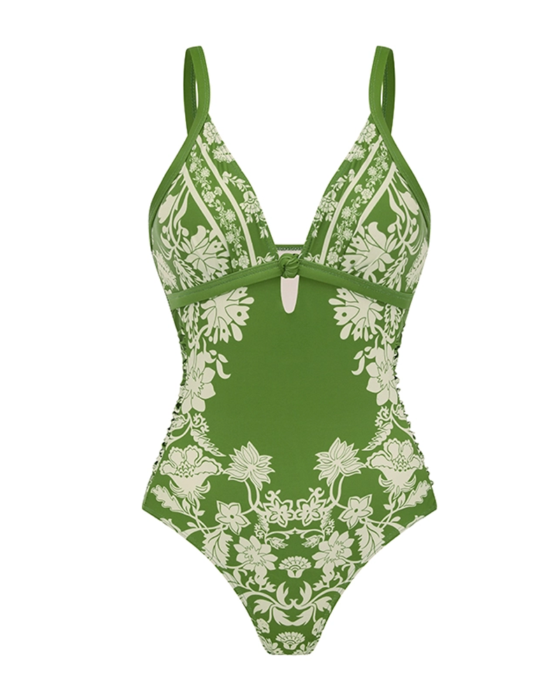 V Neck Ruffle Green Retro Printed Swimsuit Set