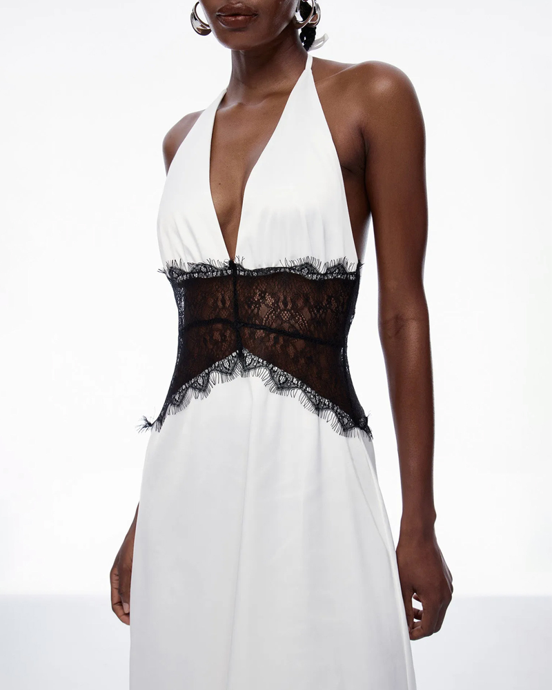 Elegant V-Neck Halter Lace and Satin Patchwork Maxi Dress