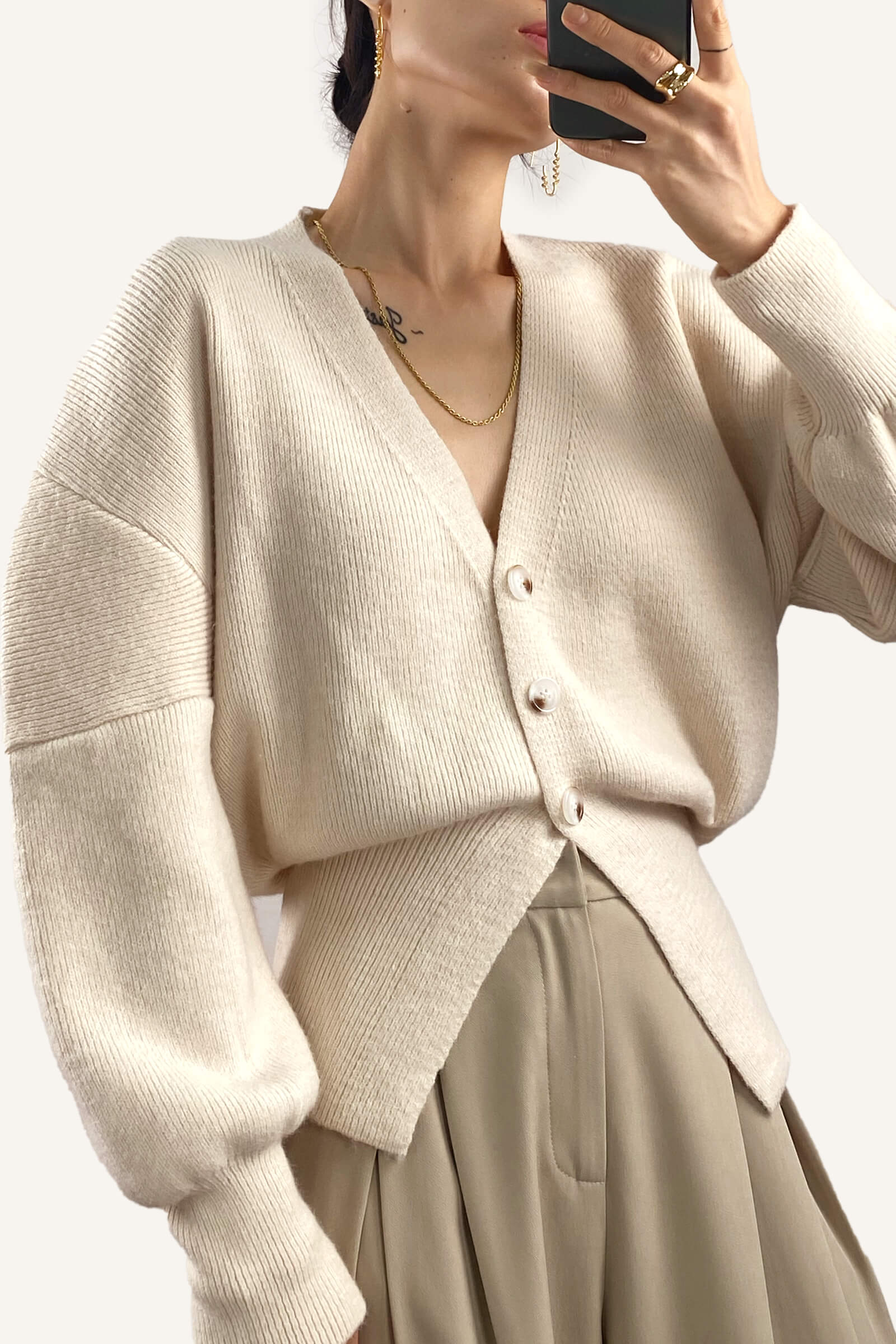 Ivory V-Neck Banded Hem Cardigan