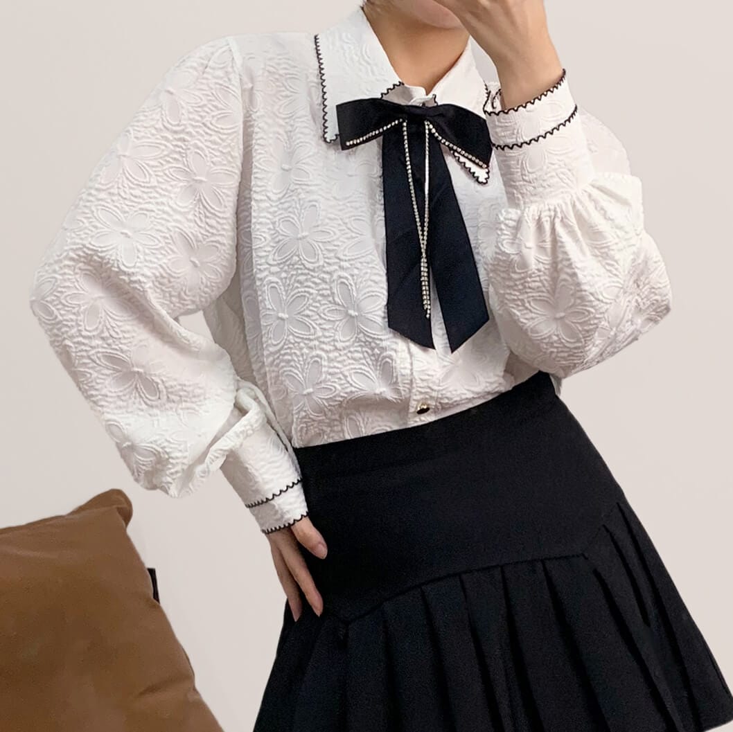 White Textured Bow Neck Balloon Sleeve Shirt