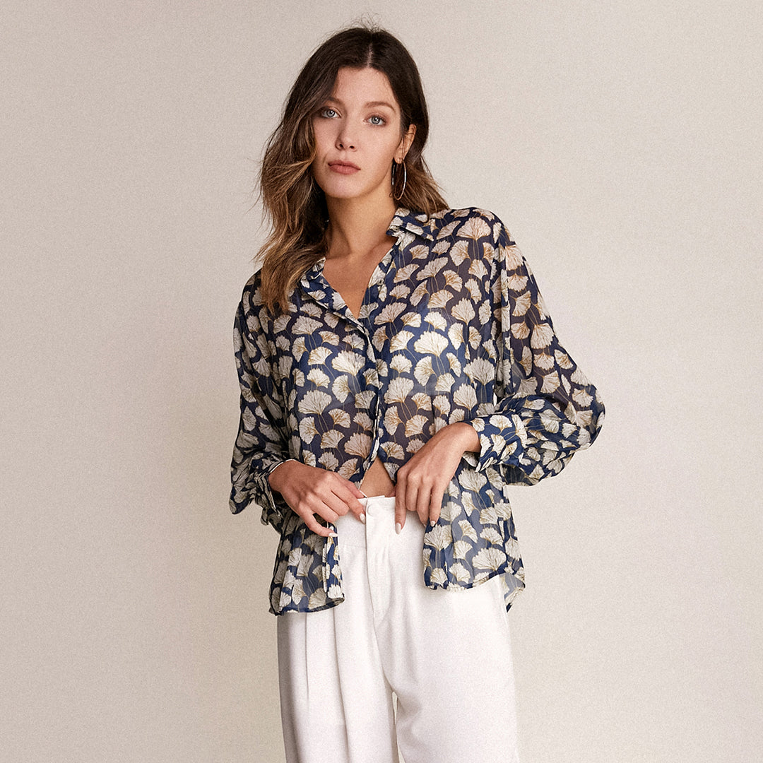 Dark Blue Leaf Print Button-Up Shirt