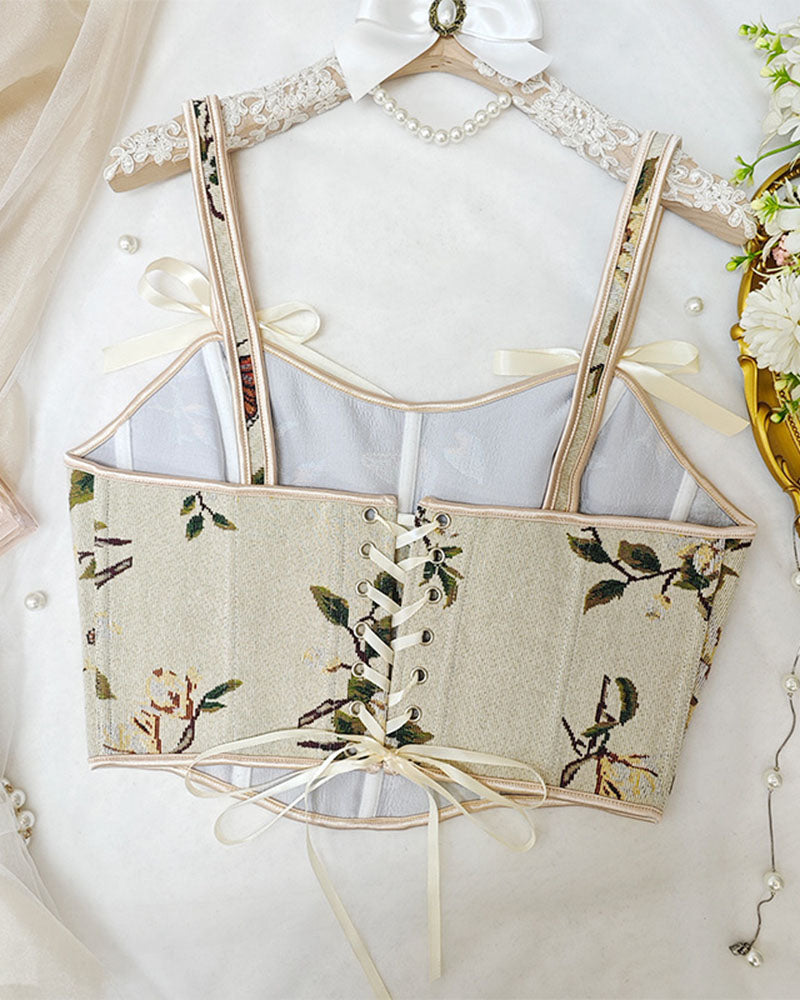 French Style Bow Lace-Up Floral Body Shaper Women's Sling Printed Slim-Fit Vest Corset