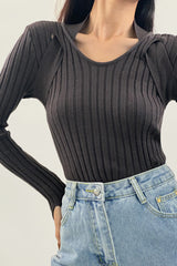 Dim Grey Strap Detail Cut Out Ribbed Knit Sweater