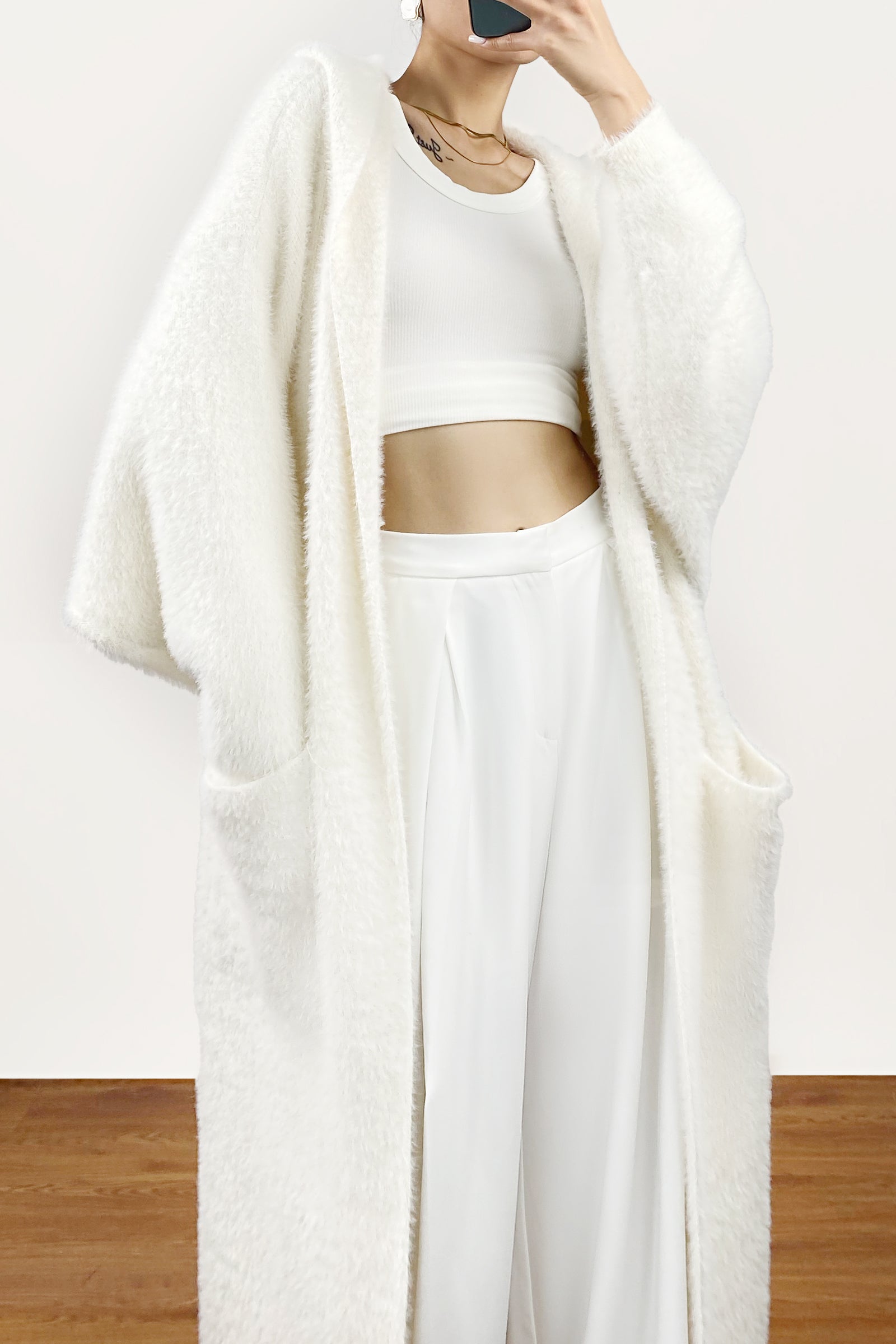 Ivory Faux Fur Open Front Hooded Long Cardigan