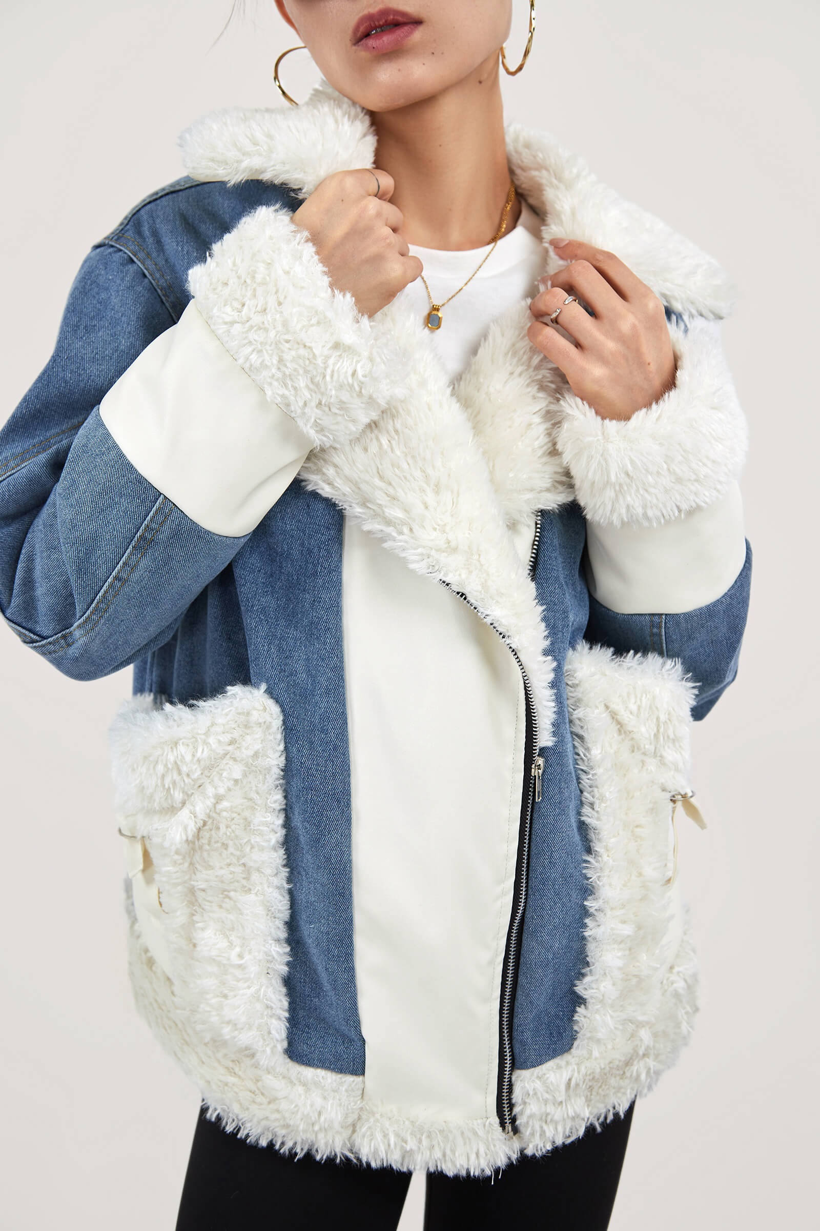 Zip Up Teddy Denim Jacket